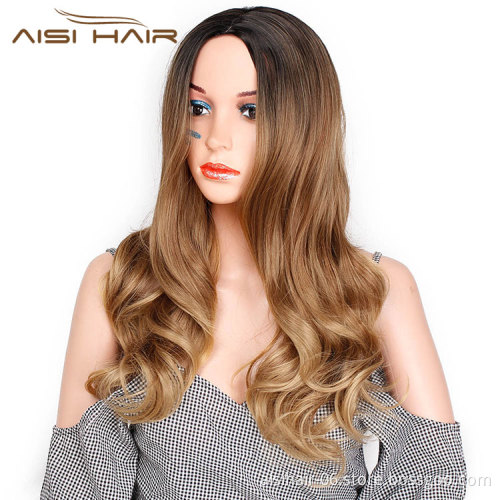 Aisi Hair Ombre Brown Synthetic Long Wavy Wigs Middle Part Dark Roots Body Wavy Wigs for Black Women